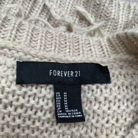 Forever 21 Chunky Knit Sweater Pullover beige Fringe detail Size Medium - Picture 14 of 16